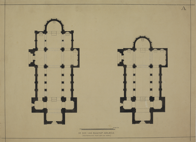 214416 Plattegronden van de door bisschop Adelbold gebouwde Domkerk te Utrecht; met en zonder verlengd koor. Een in c. ...